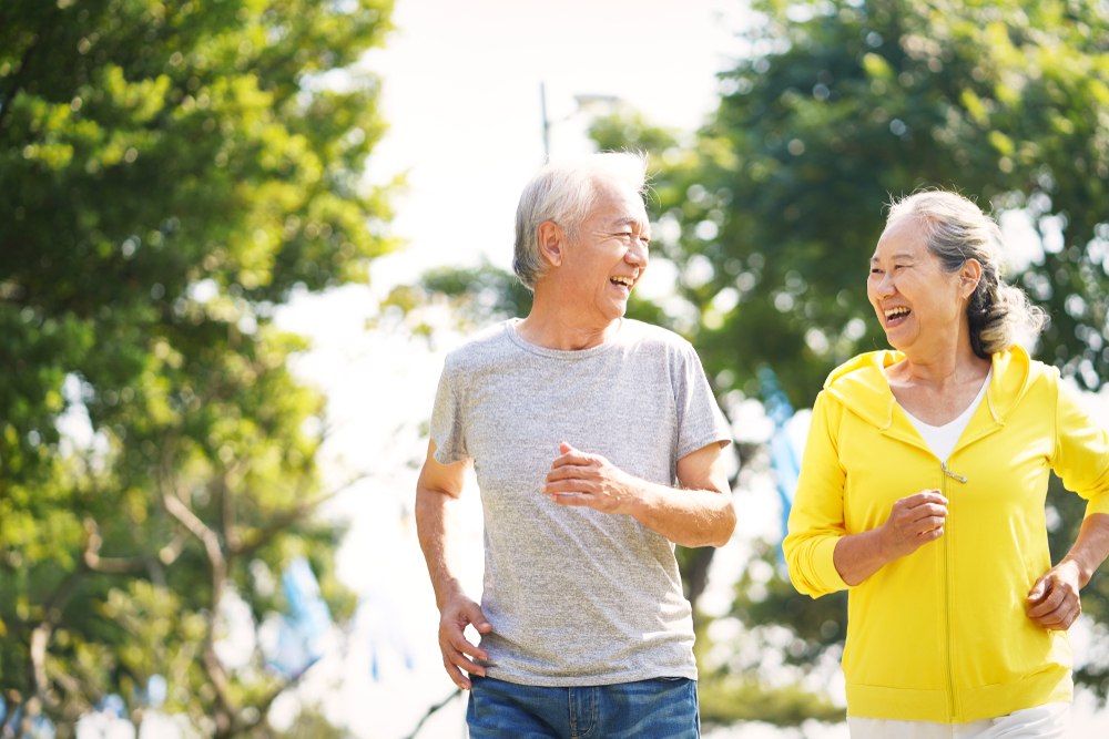 Happy,Asian,Old,Couple,Jogging,Running,Outdoors,In,Park