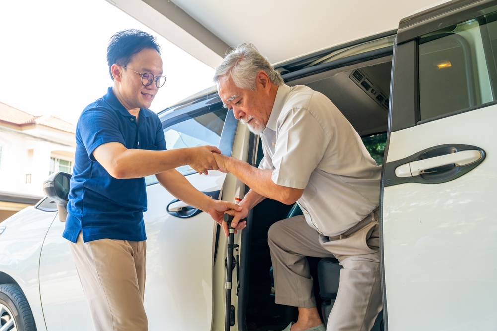 Male,Caregiver,Help,Senior,Man,Get,In,Car,Go,To